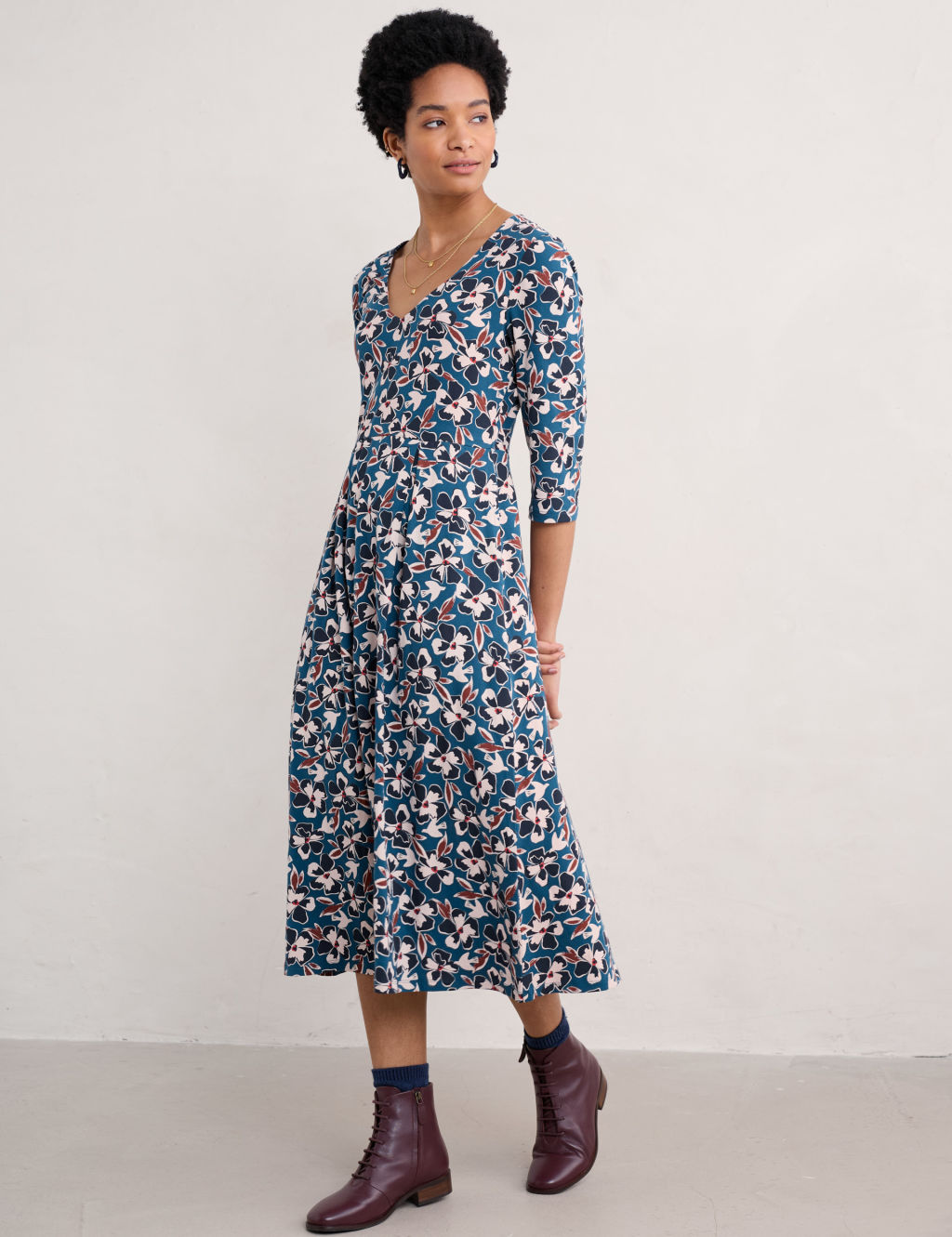 Cotton Rich Floral V-Neck Midi Dress