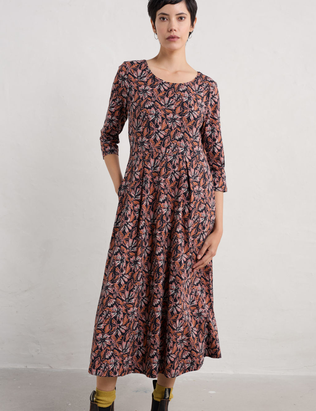 Cotton Rich Floral Empire Line Midi Waisted Dress