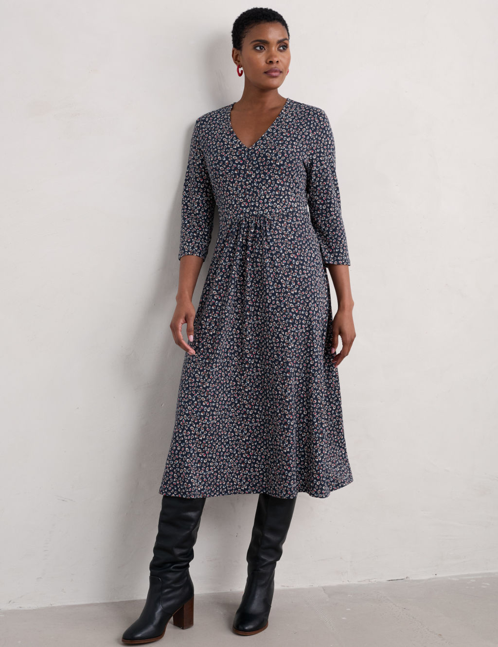 Cotton Blend Printed V-Neck Midi Dress