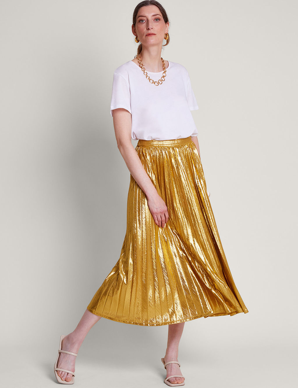 Metallic Pleated Midi Skirt