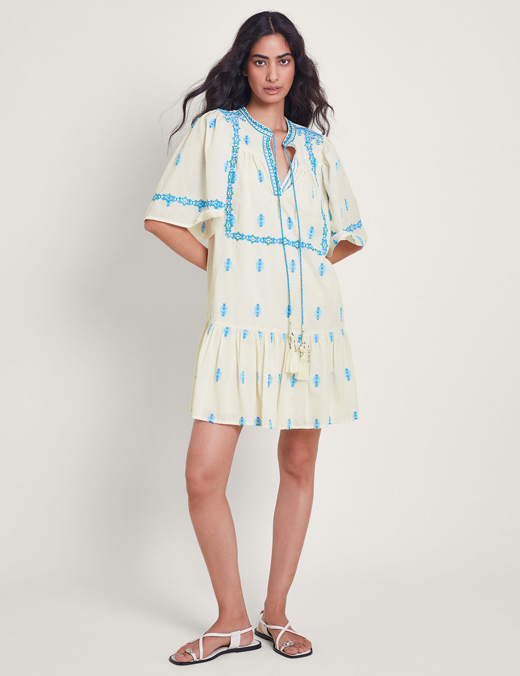 Cotton Rich Embroidered V-Neck Kaftan