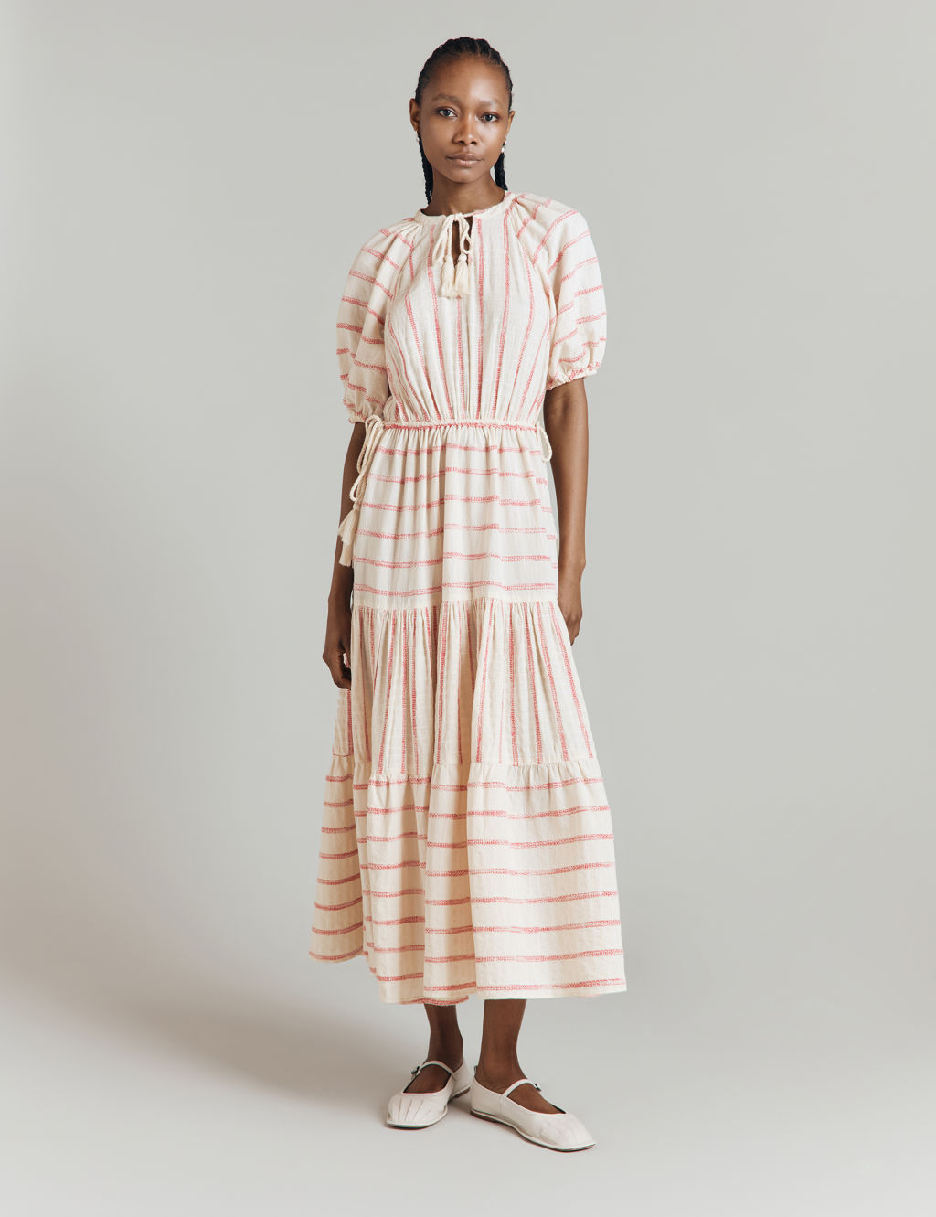 Cotton Rich Striped Midaxi Tiered Dress