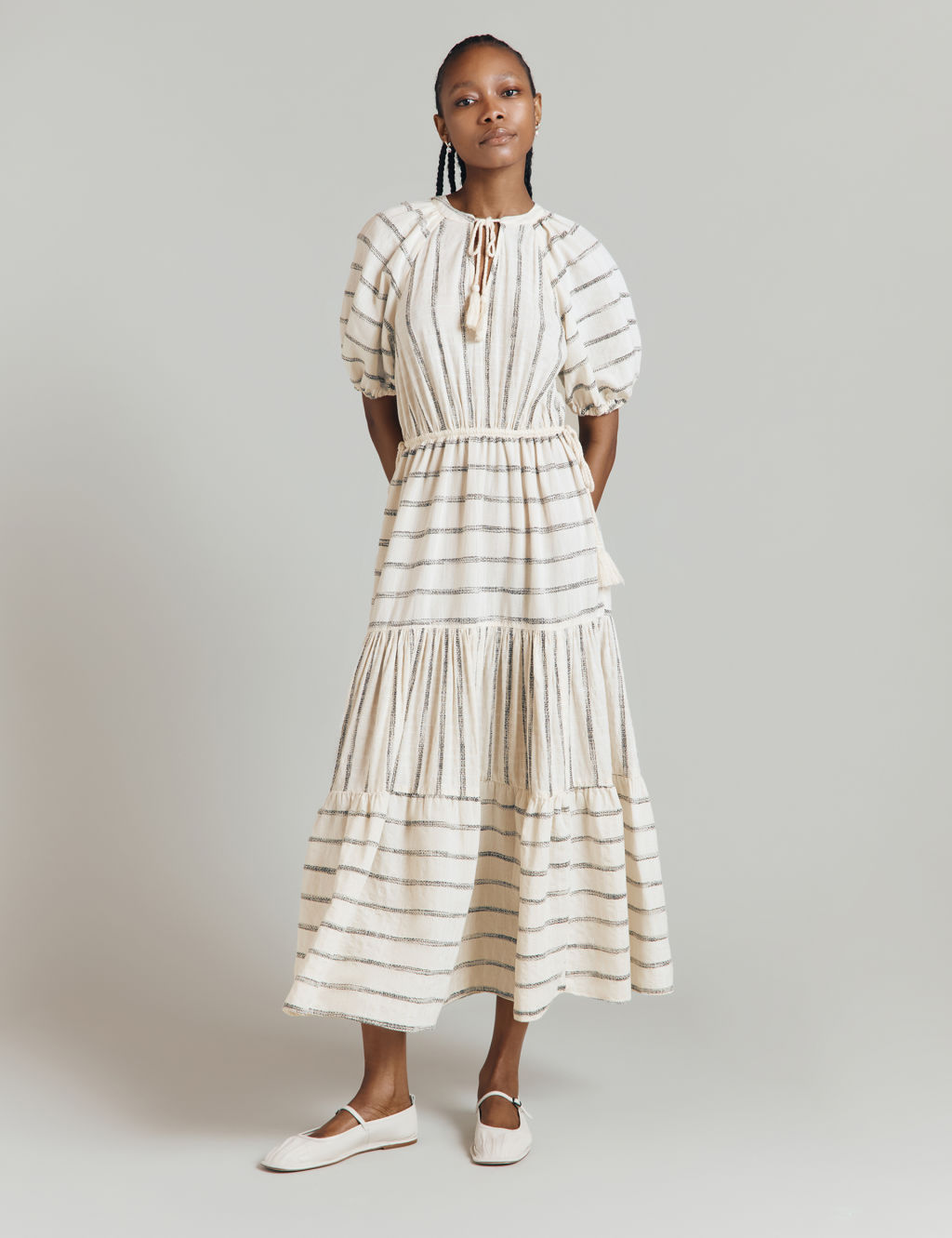 Cotton Rich Striped Midaxi Tiered Dress