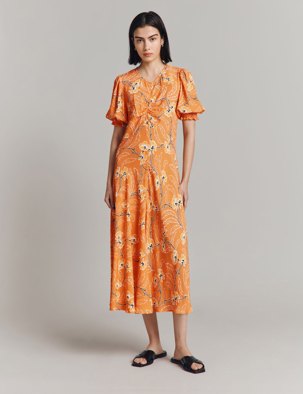 Crepe Floral V-Neck Midaxi Tea Dress