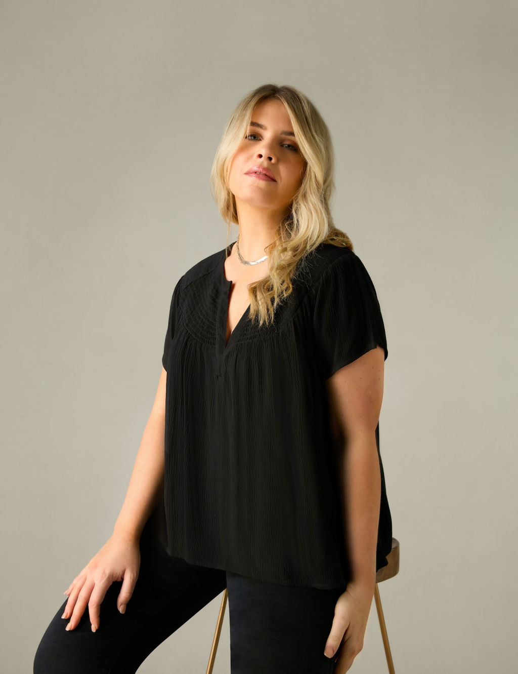 Crinkle Shirred Shoulder Top