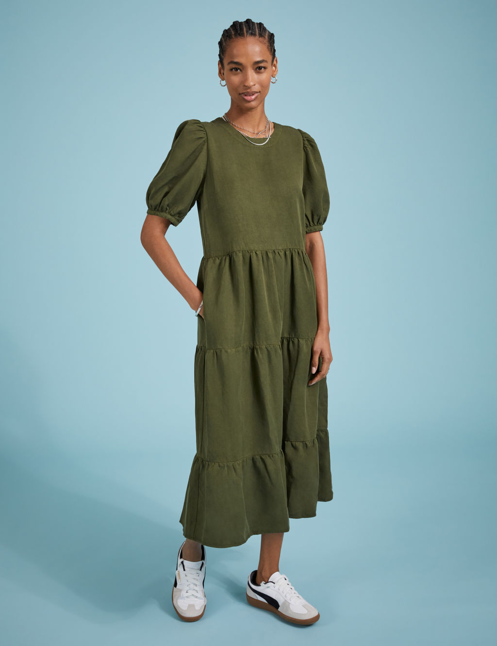 Lyocell Rich Crew Neck Midi Tiered Dress