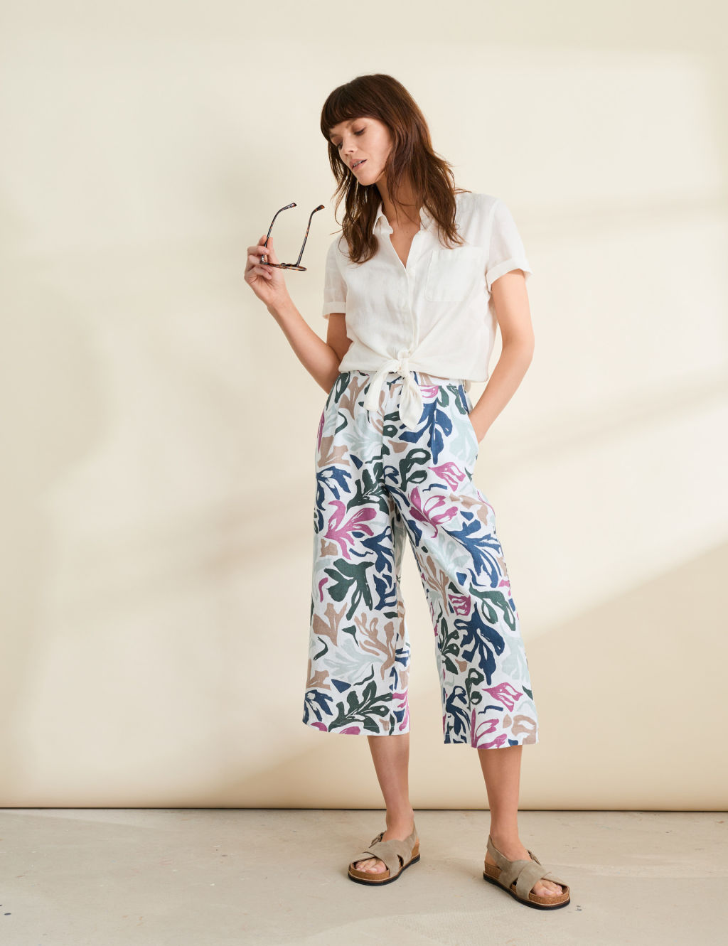 Pure Linen Sea Frond Print Wide Leg Culottes 3 of 6