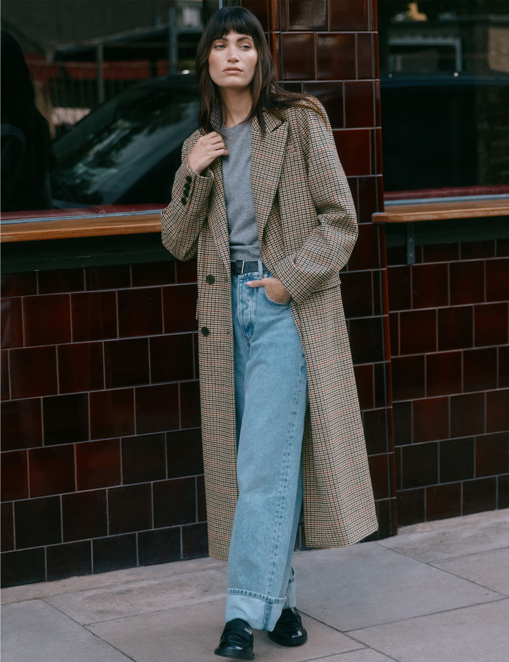 Checked Double Breasted Coat with Wool