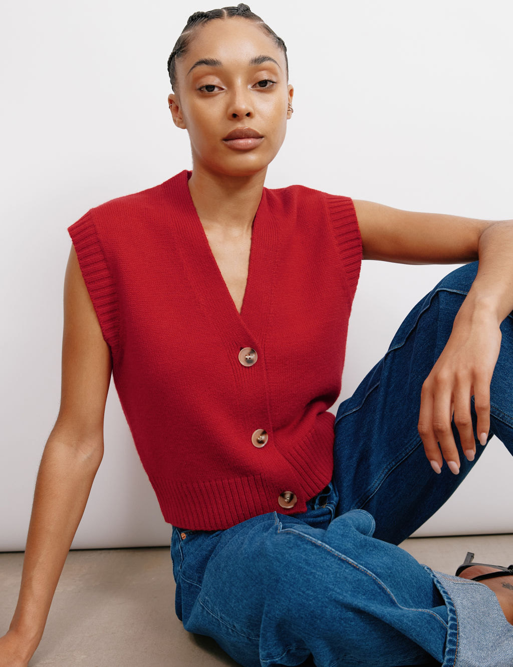 V-Neck Button Detail Knitted Vest