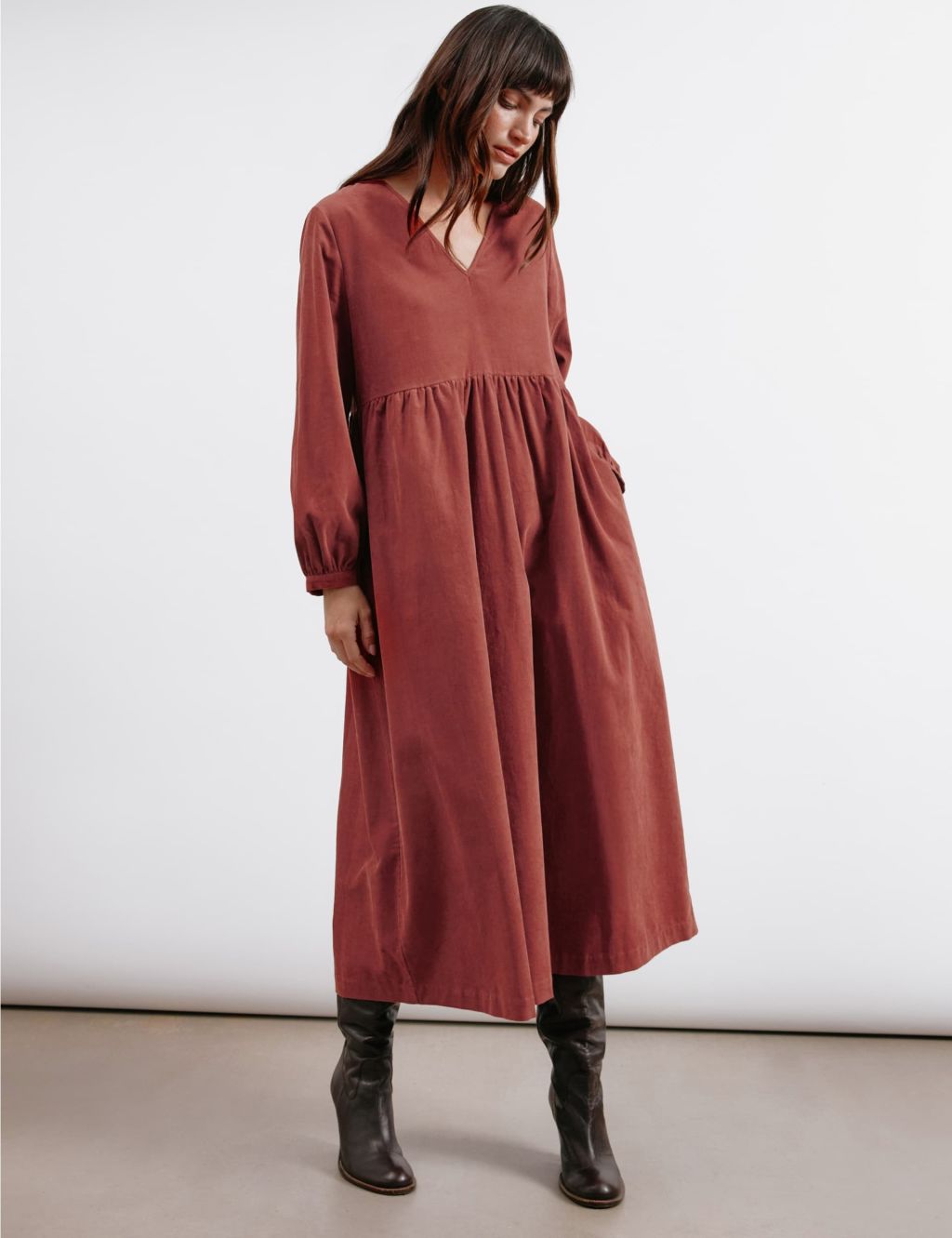 Pure Cotton Cord V-Neck Midi Waisted Dress