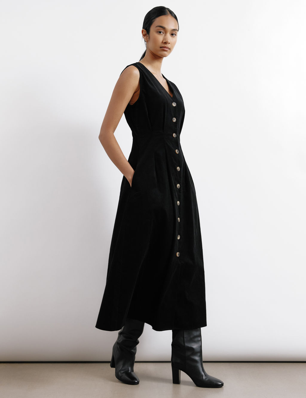 Pure Cotton Cord V-Neck Maxi Skater Dress