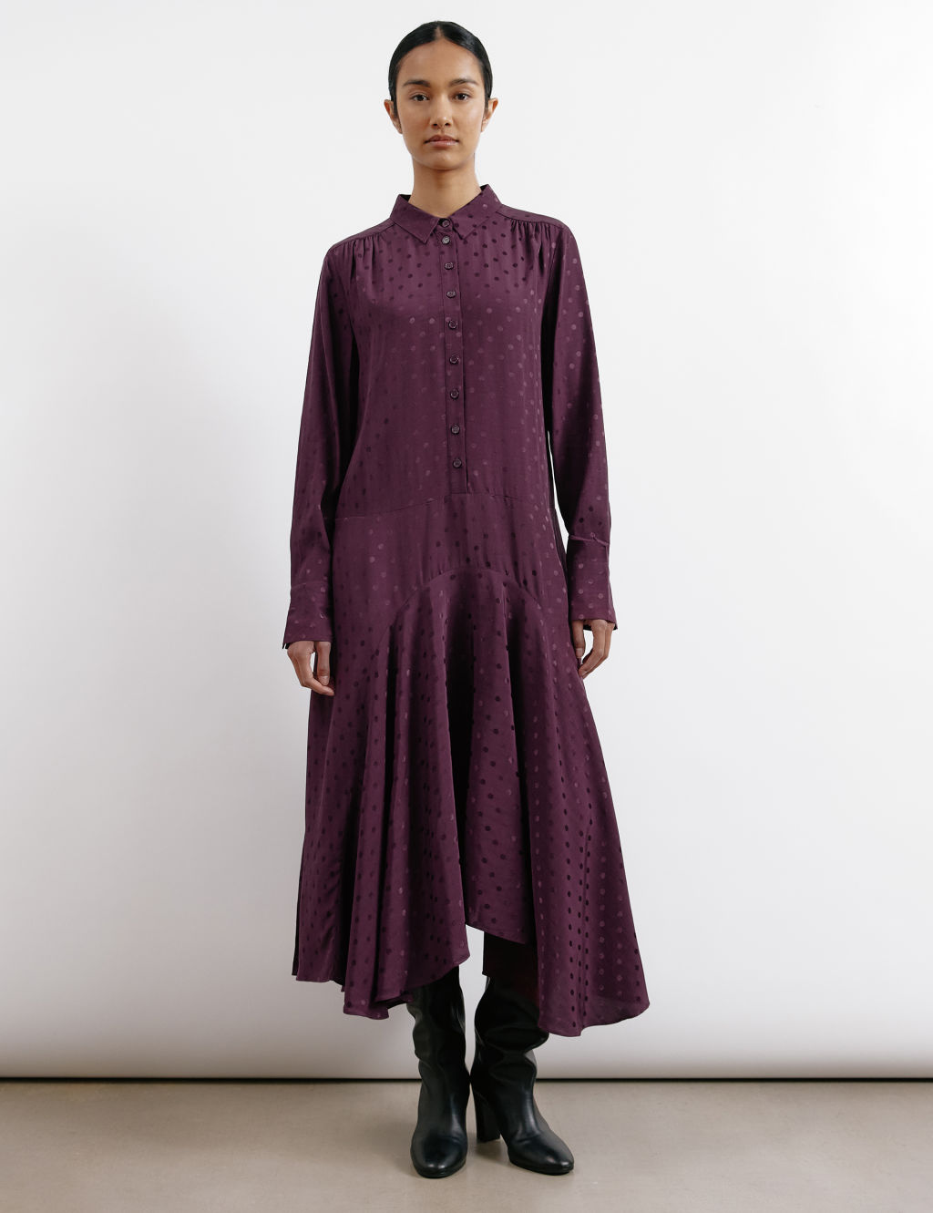 Jacquard Polka Dot Button Through Tiered Dress