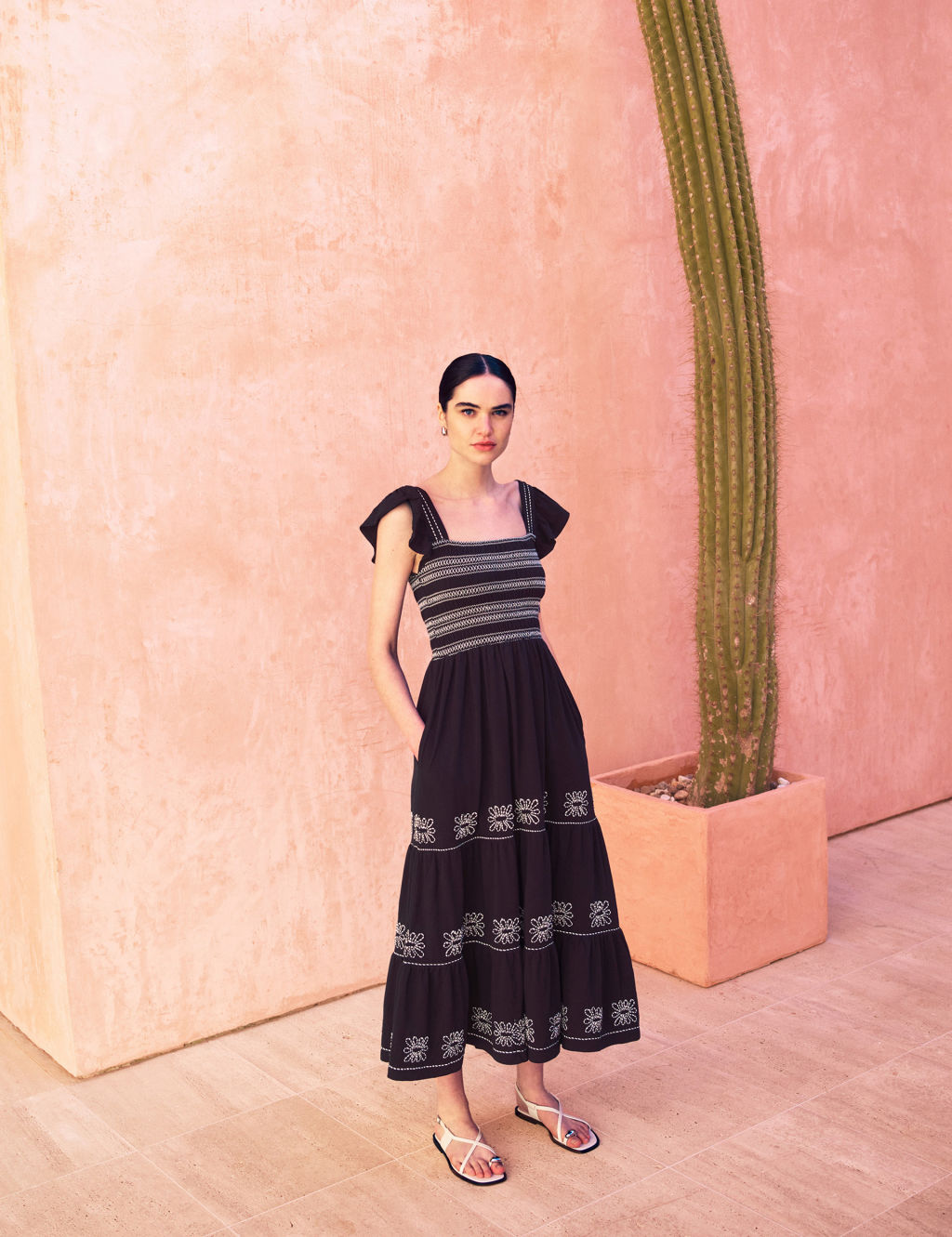 Pure Cotton Embroidered Square Neck Dress
