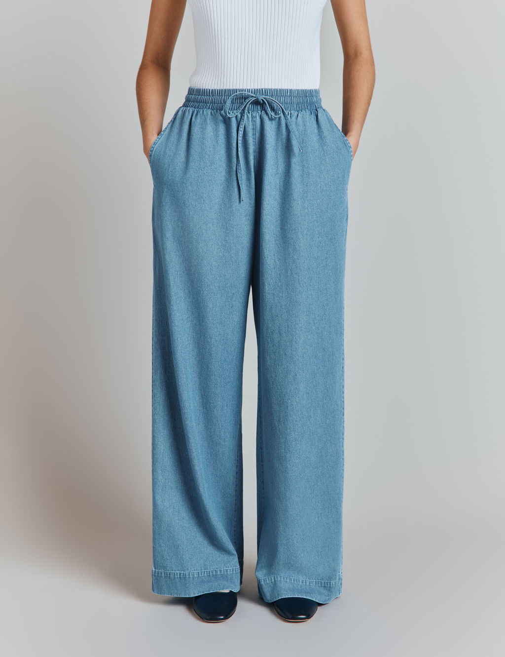 Denim Elasticated Waist Wide Leg Trousers