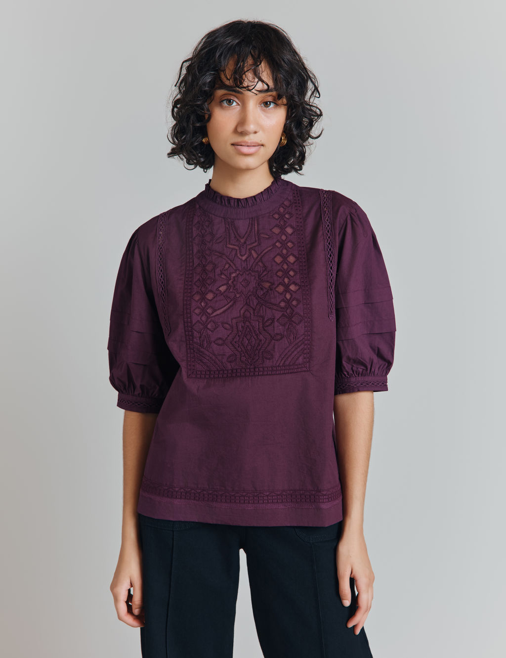 Pure Cotton Embroidered Lace Detail Blouse