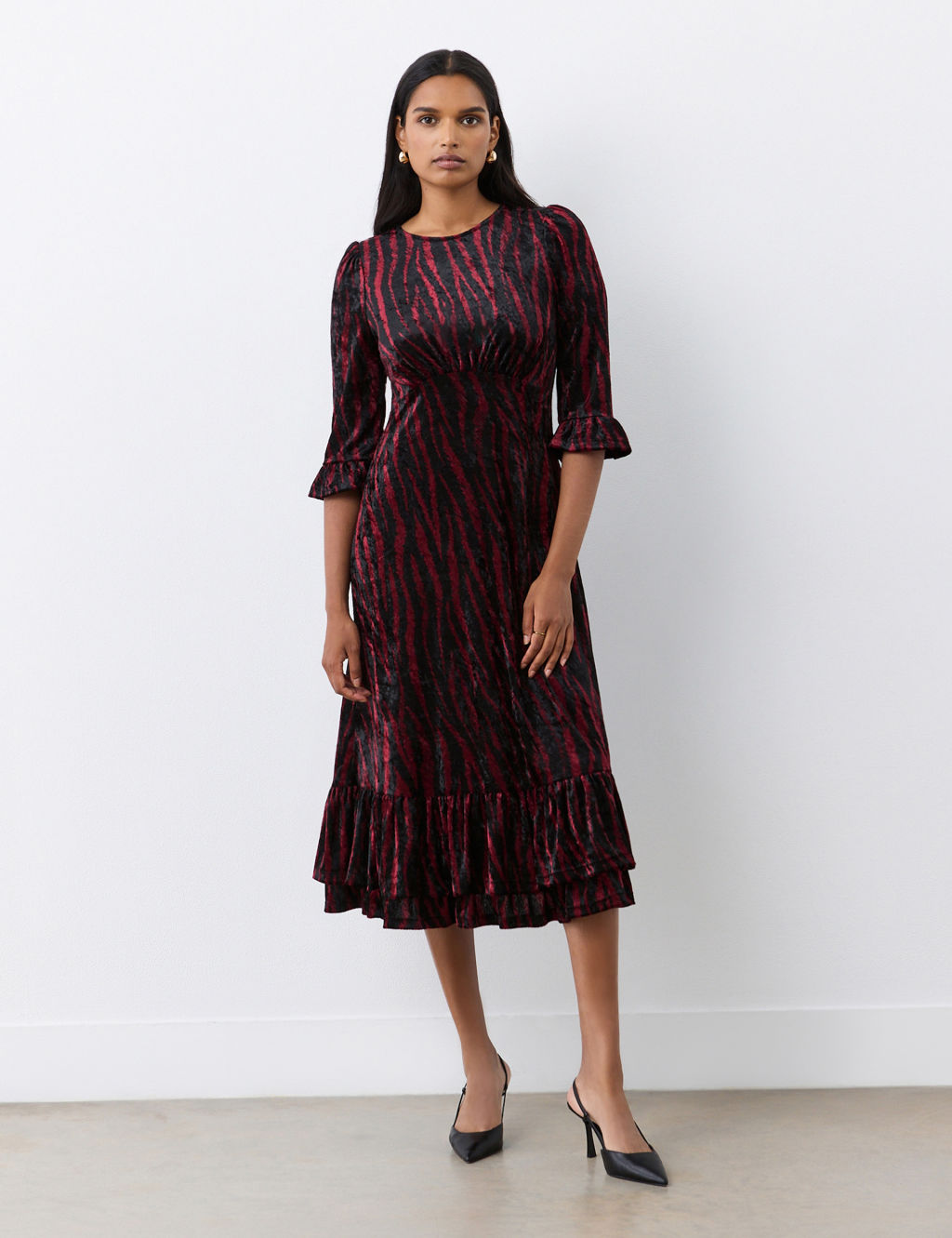 Animal Print Velvet Midi Tiered Dress