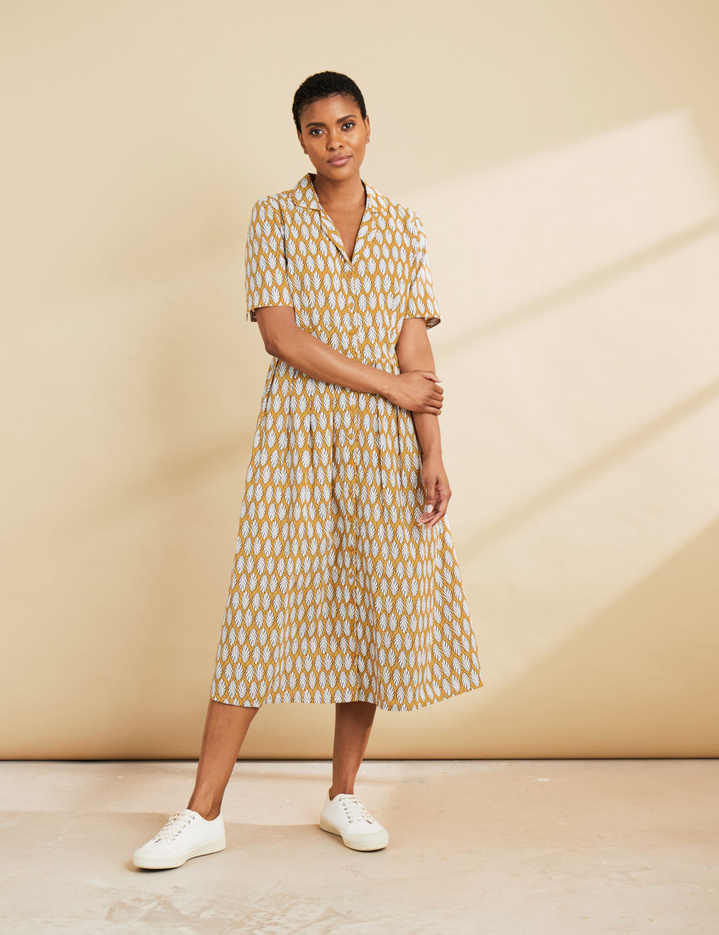 Pure Cotton Printed Collared Midi Shirt Dress