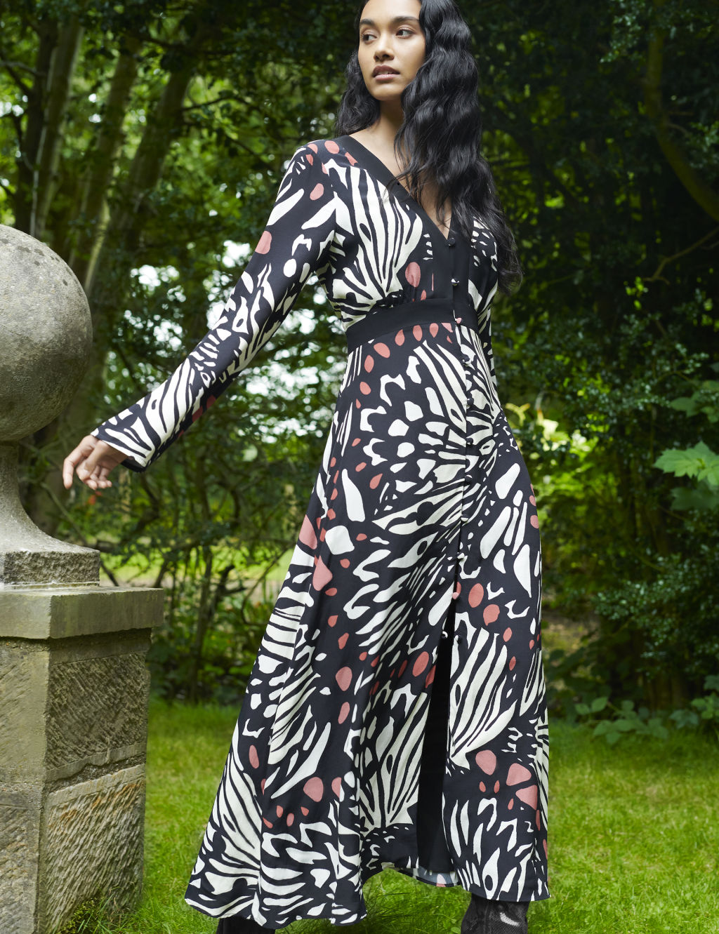 V-Neck Button Front Midi Tea Dress