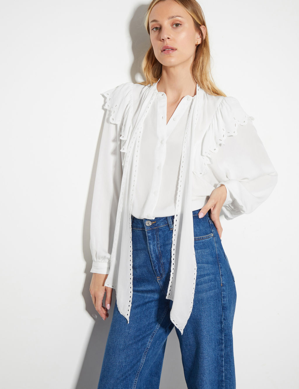 Tie Front V-Neck Ruffle Blouse