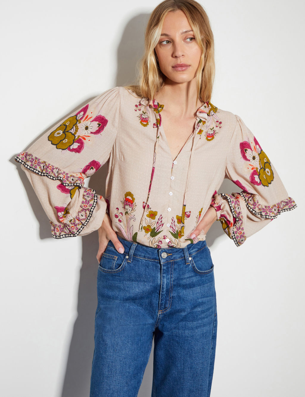 Floral Collared Frill Detail Blouse