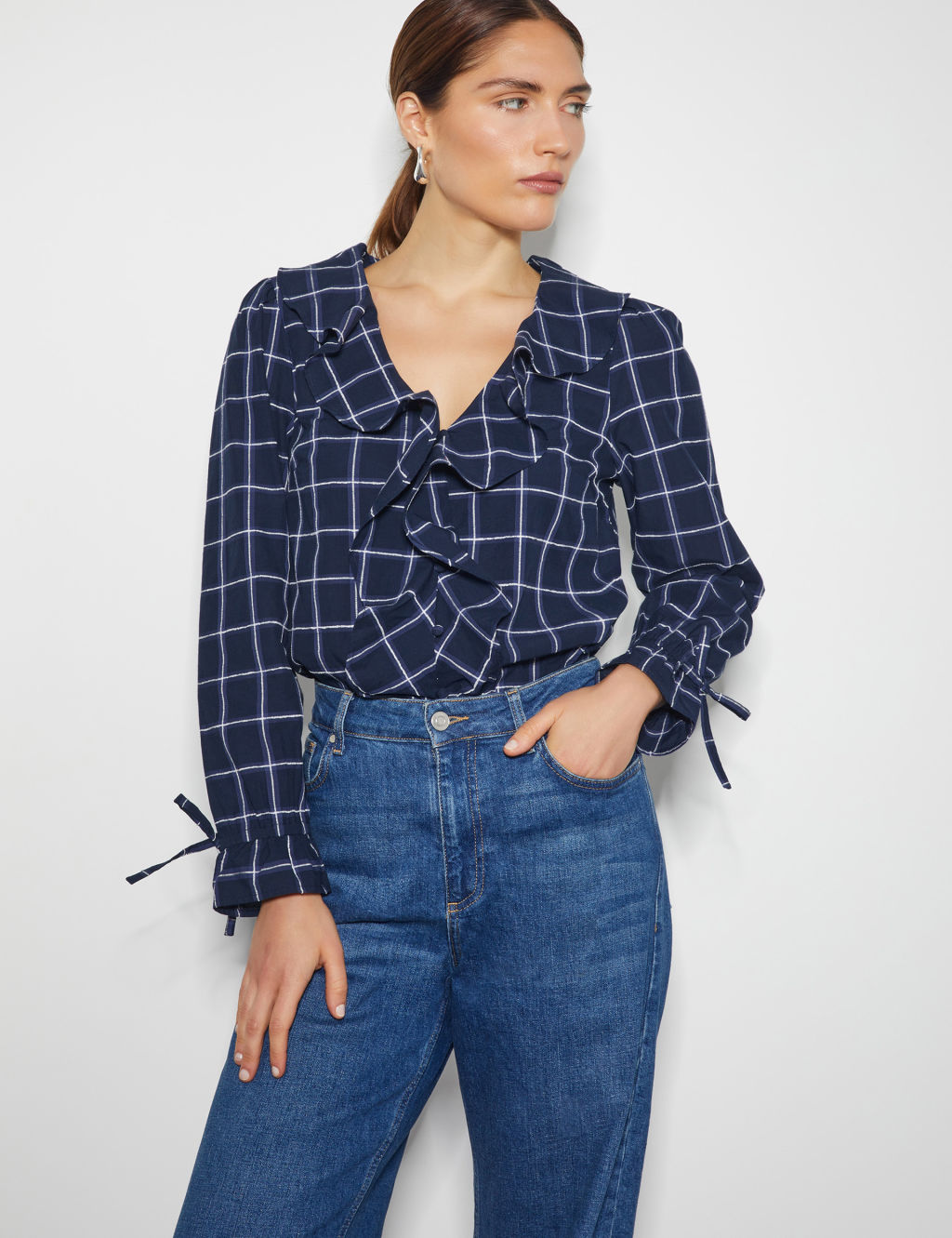 Cotton Rich Checked Ruffle Blouse