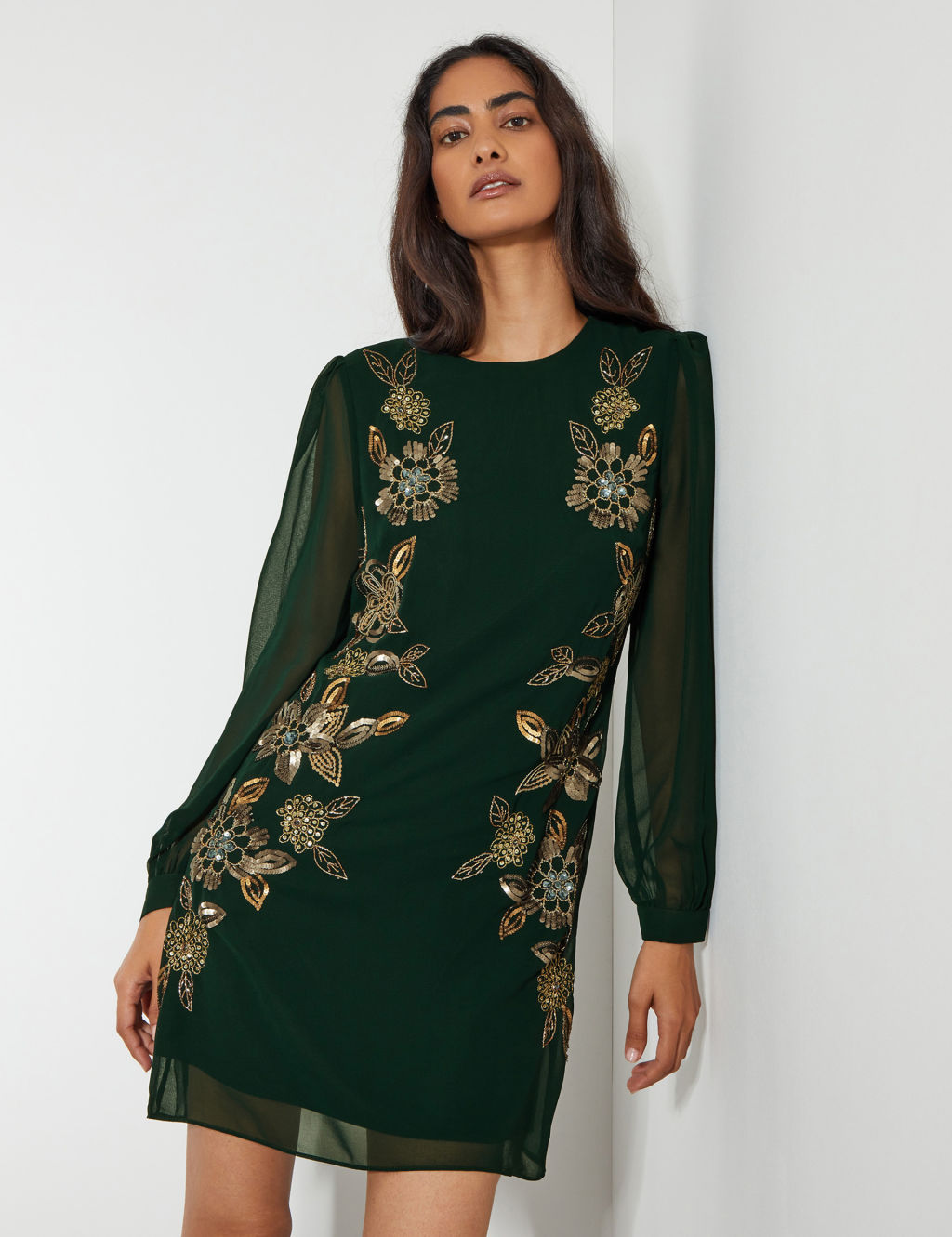 Embellished Blouson Sleeve Mini Smock Dress