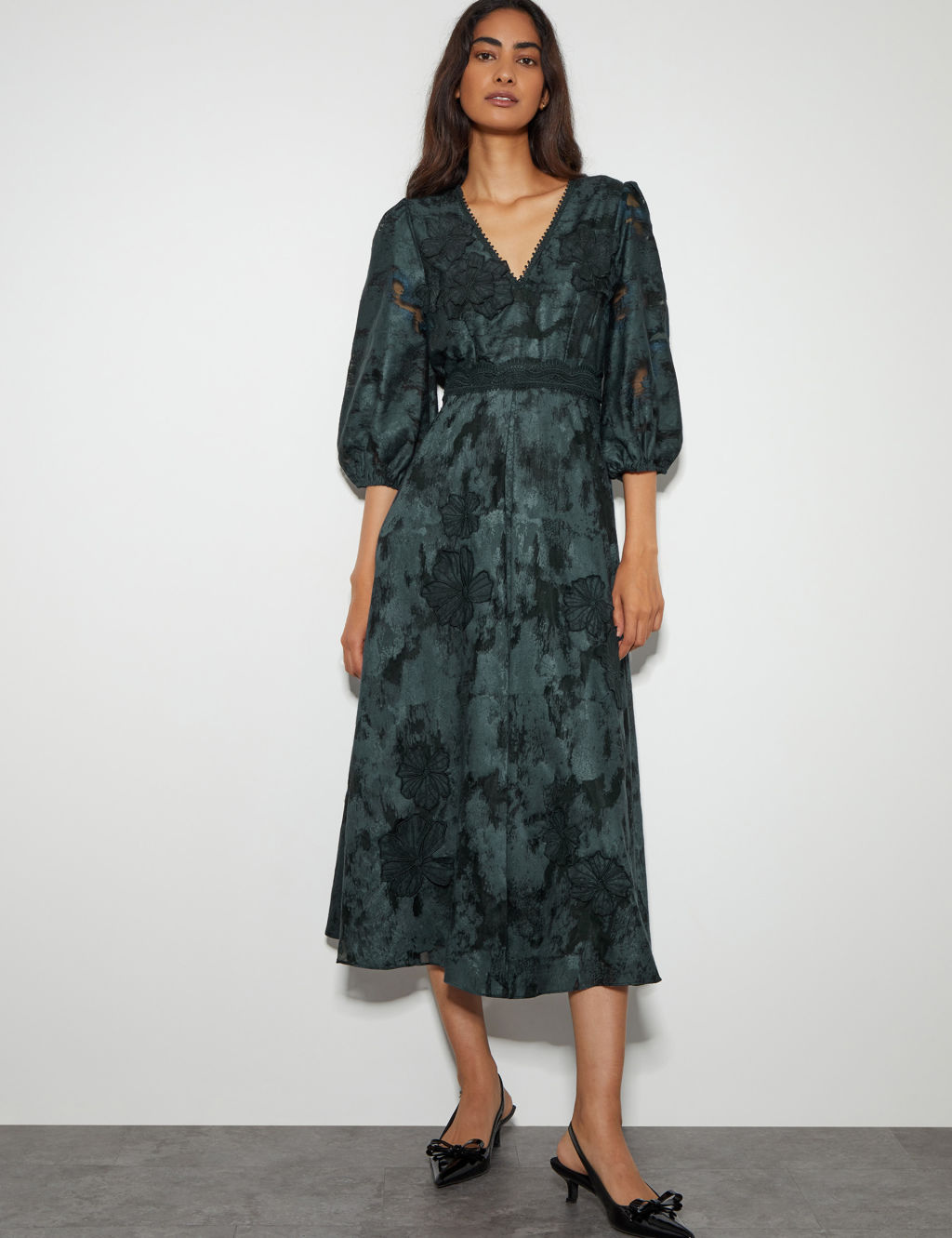 Embellished V-Neck Frill Detail Midi Tea Dress
