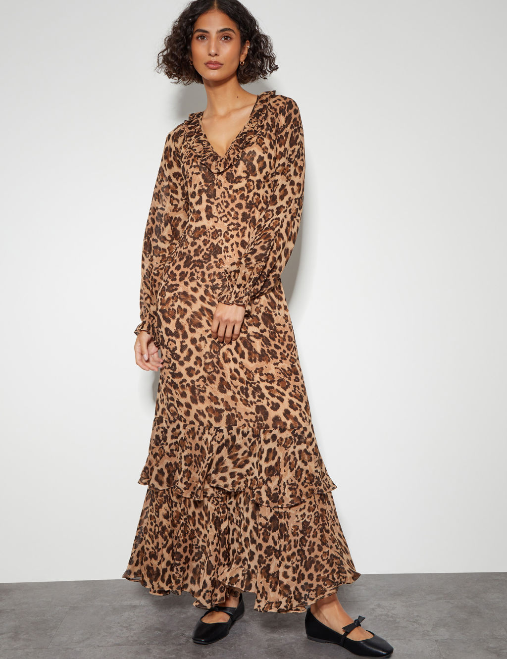 Animal Print V-Neck Ruffle Maxi Tea Dress