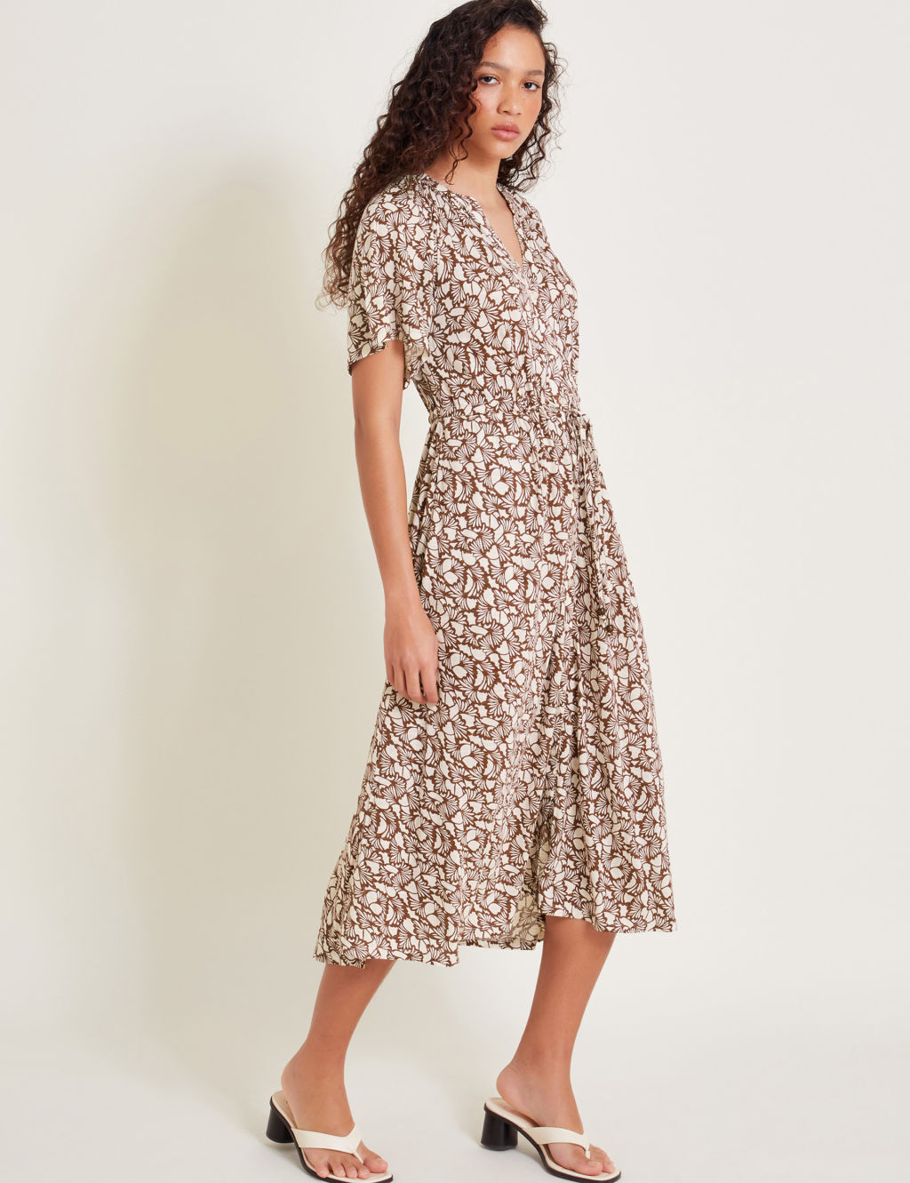 Jersey Printed Notch Neck Midi Shirt Dress