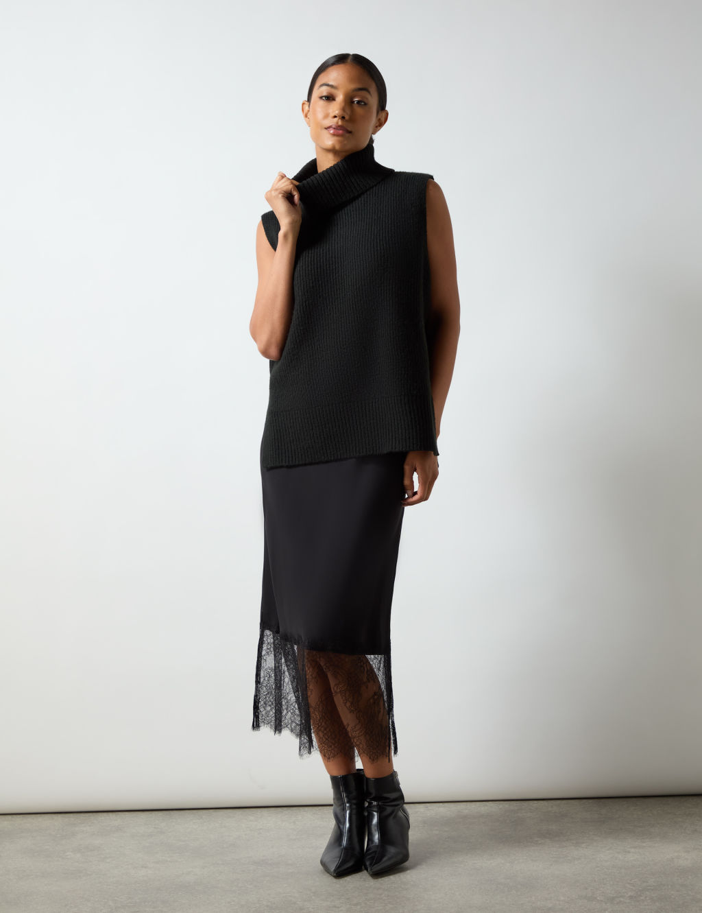 Crepe Lace Trim Midaxi Slip Skirt