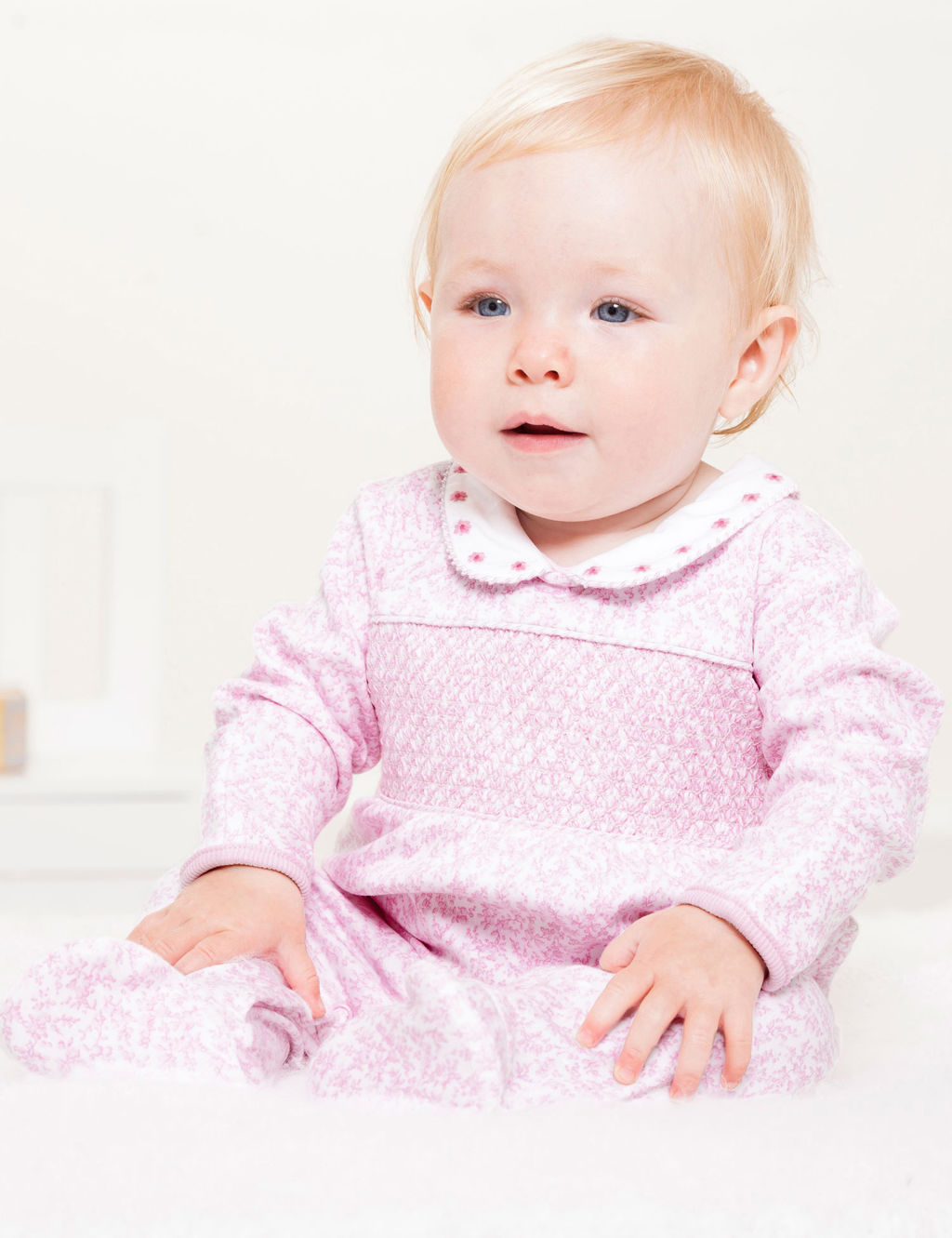 Pure Cotton Floral Smocked Sleepsuit (7lbs-18 Mths)