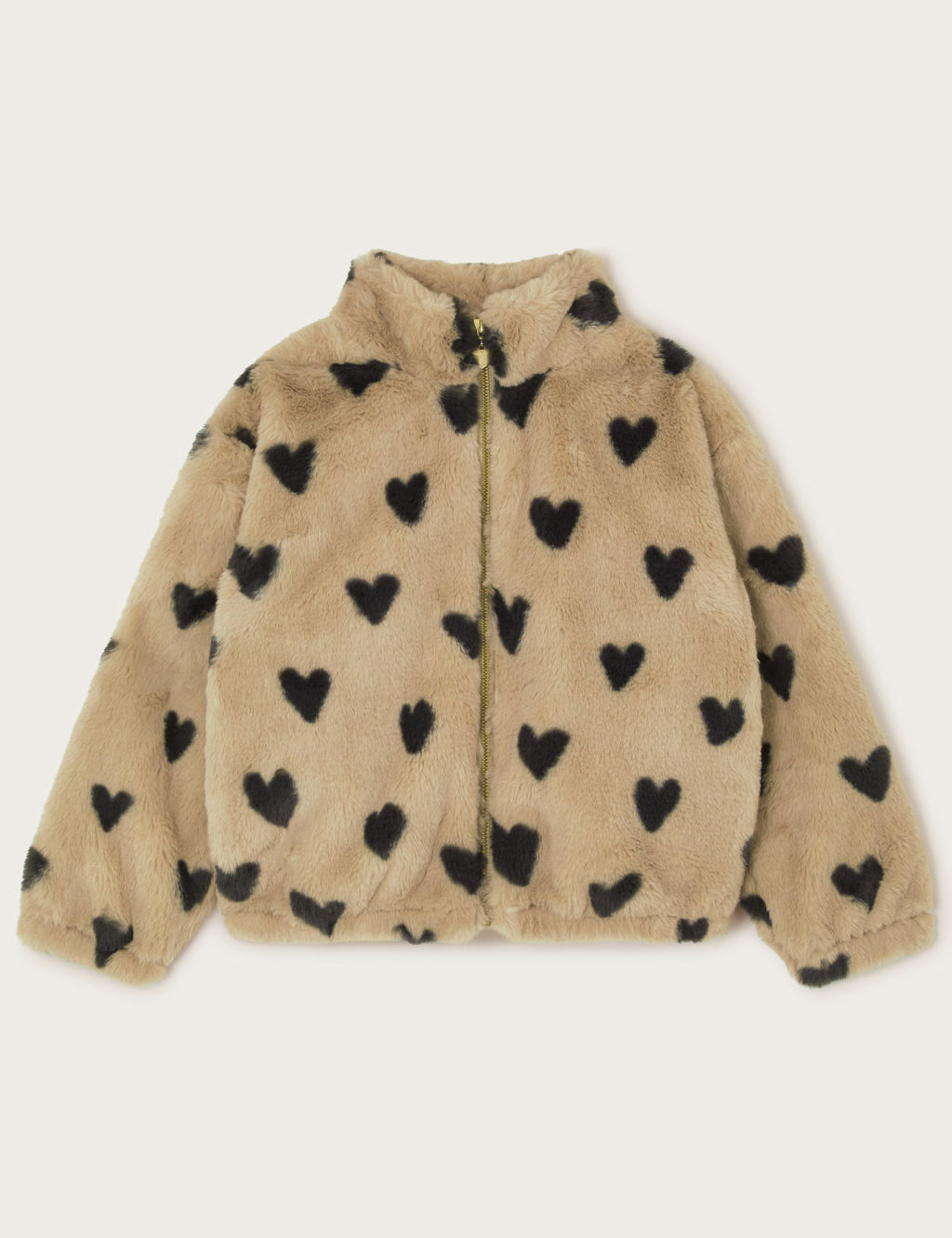 Fluffy Heart Print Zip Fleece Jacket