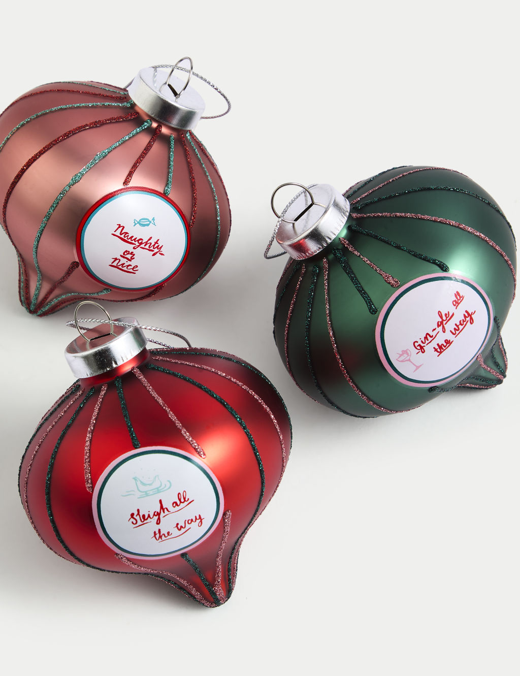 3pk Glass Striped Festive Slogan Baubles 2 of 3