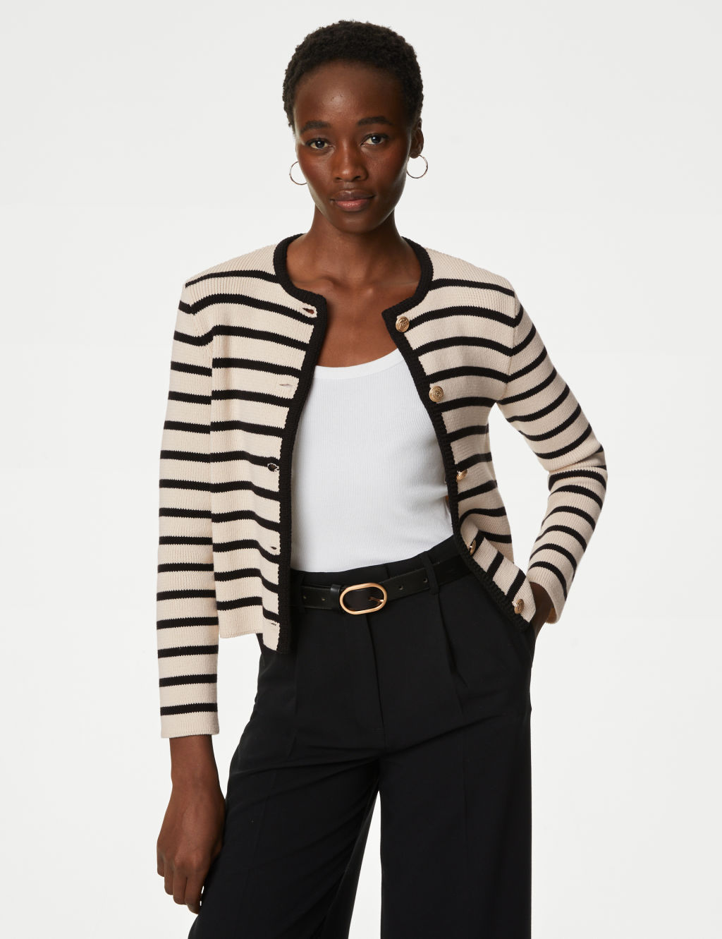 Cotton Rich Striped Crew Neck Cardigan 2 of 6