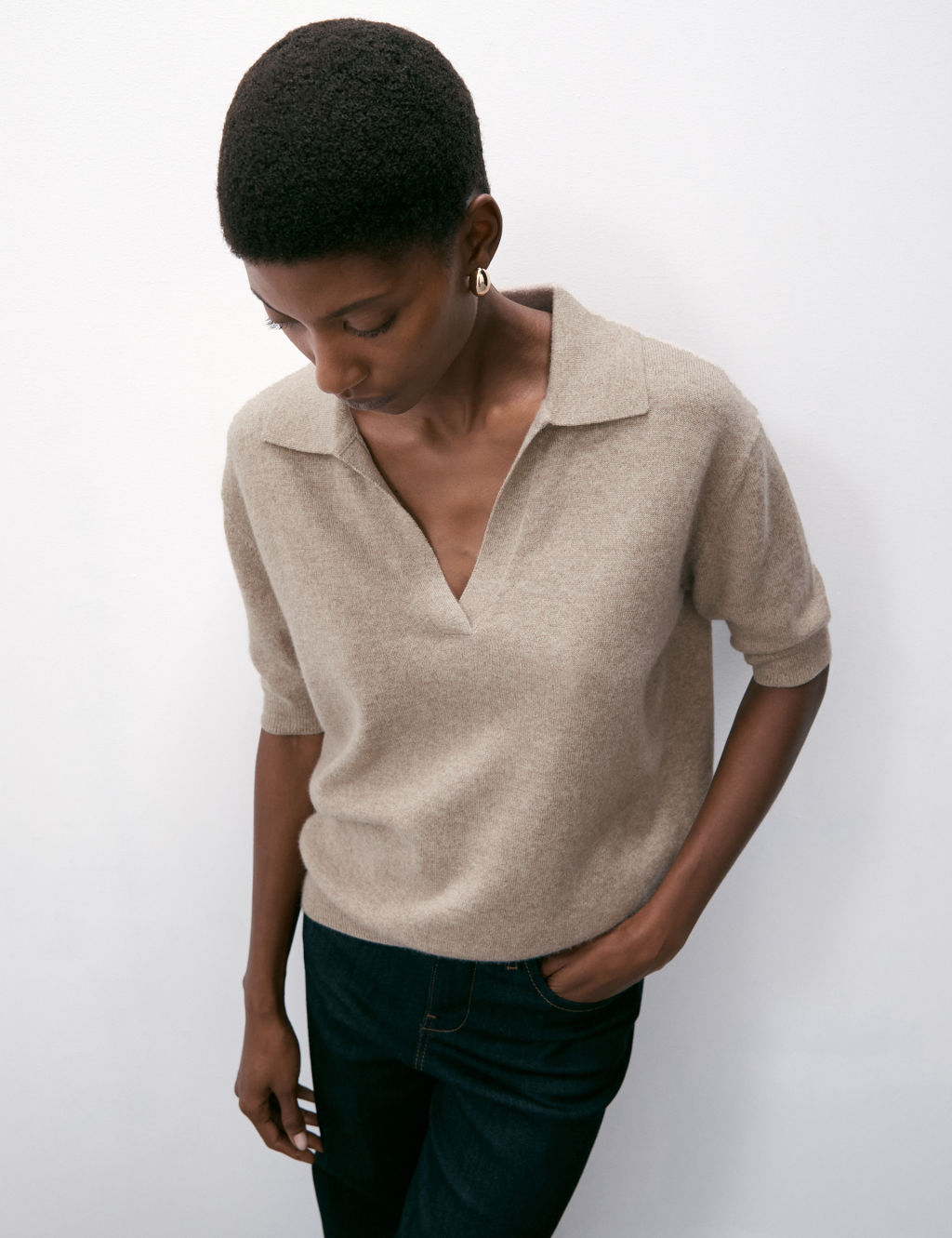 Pure Cashmere Collared Knitted Top