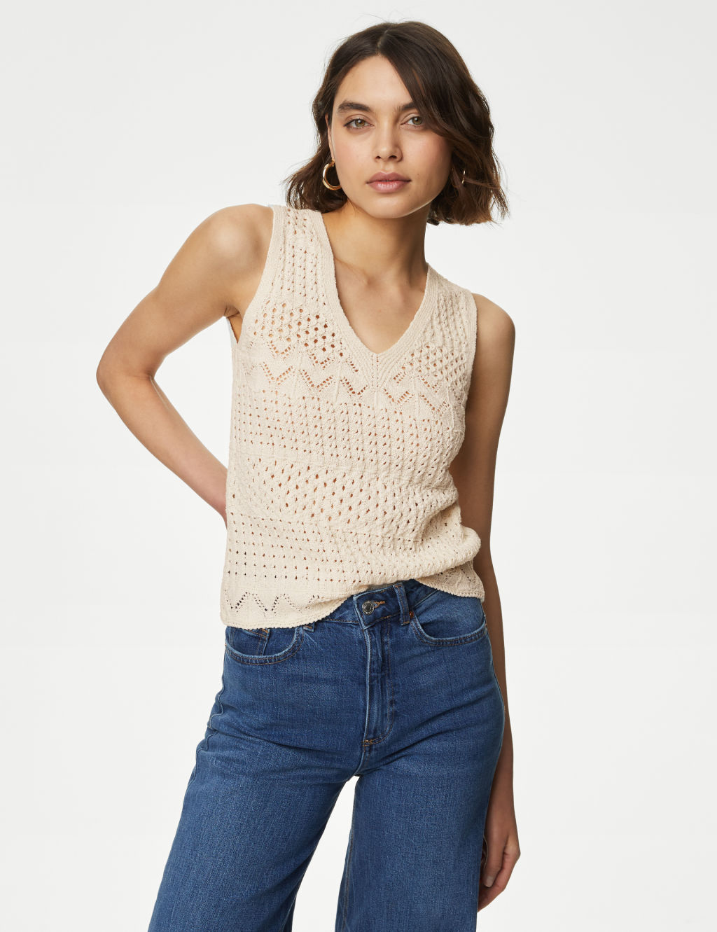 Cotton Rich Textured V-Neck Knitted Vest