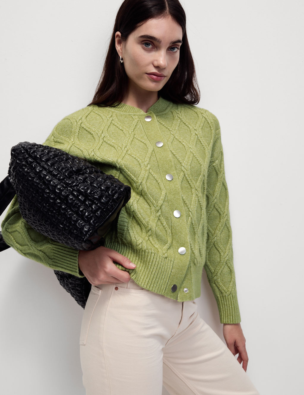 Cable Knit Cloud-Yarn Bomber Cardigan