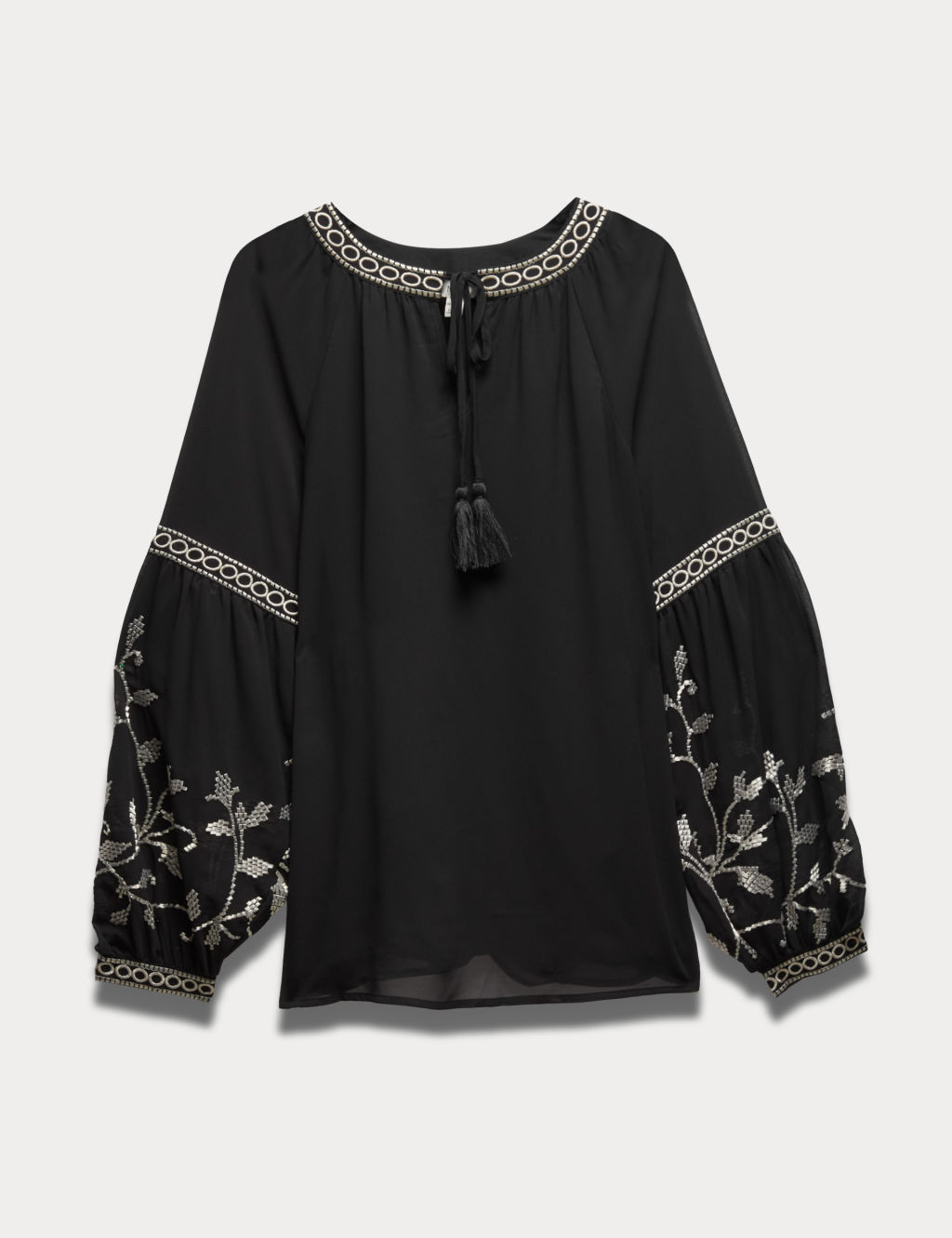 Embroidered V-Neck Blouson Sleeve Blouse