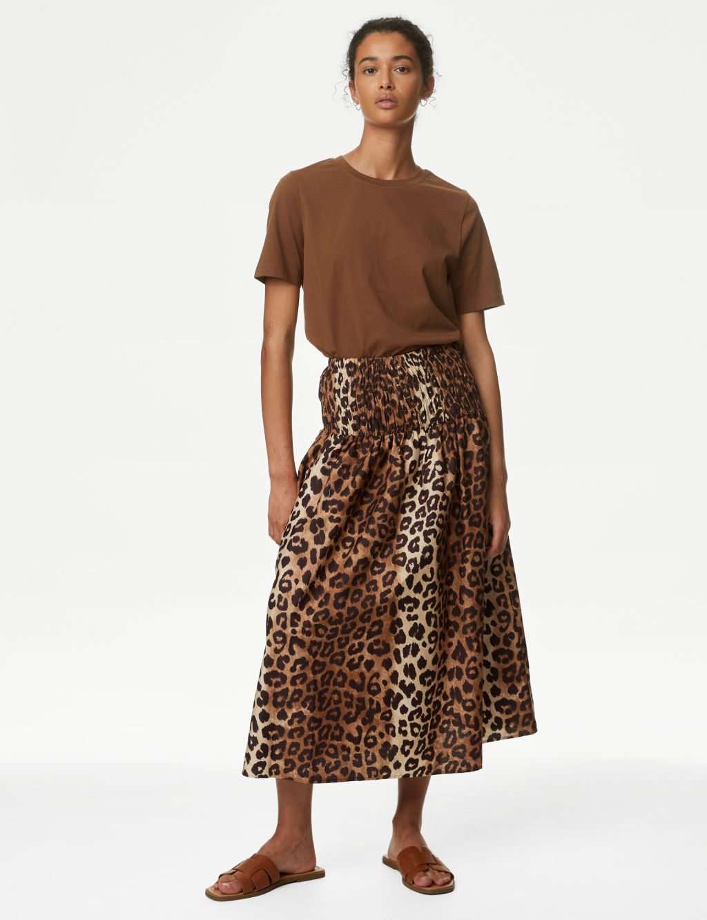 Printed Shirred Midi A-Line Skirt