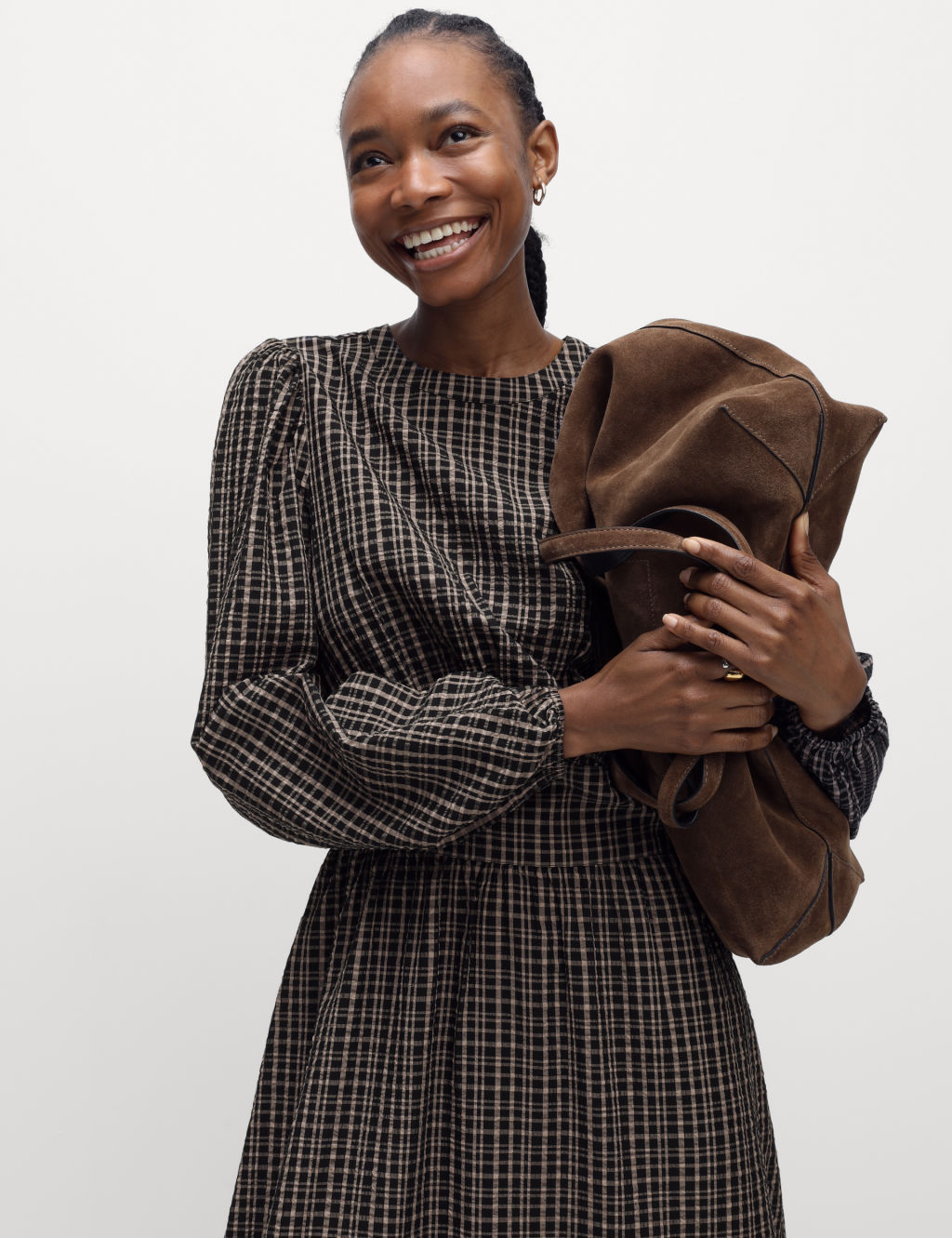 Checked Round Neck Midi Waisted Dress