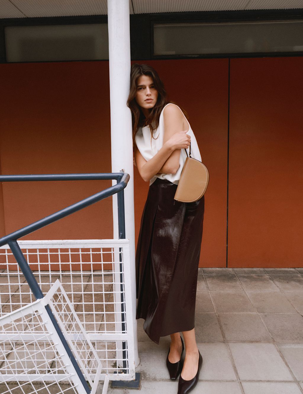 M&S Faux Leather Textured Midi A-Line Skirt – 10 – Aubergine, Aubergine