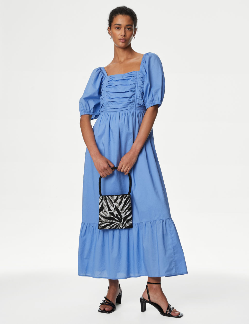 Pure Cotton Square Neck Midi Waisted Dress