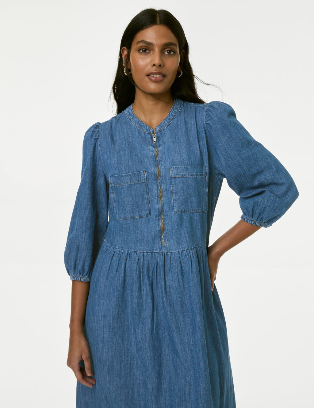 Pure Cotton Denim Midi Waisted Dress