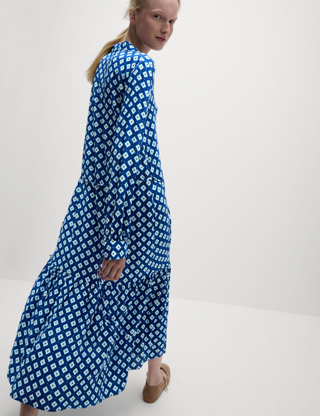 Printed Tie Waist Midi Shirt Dress