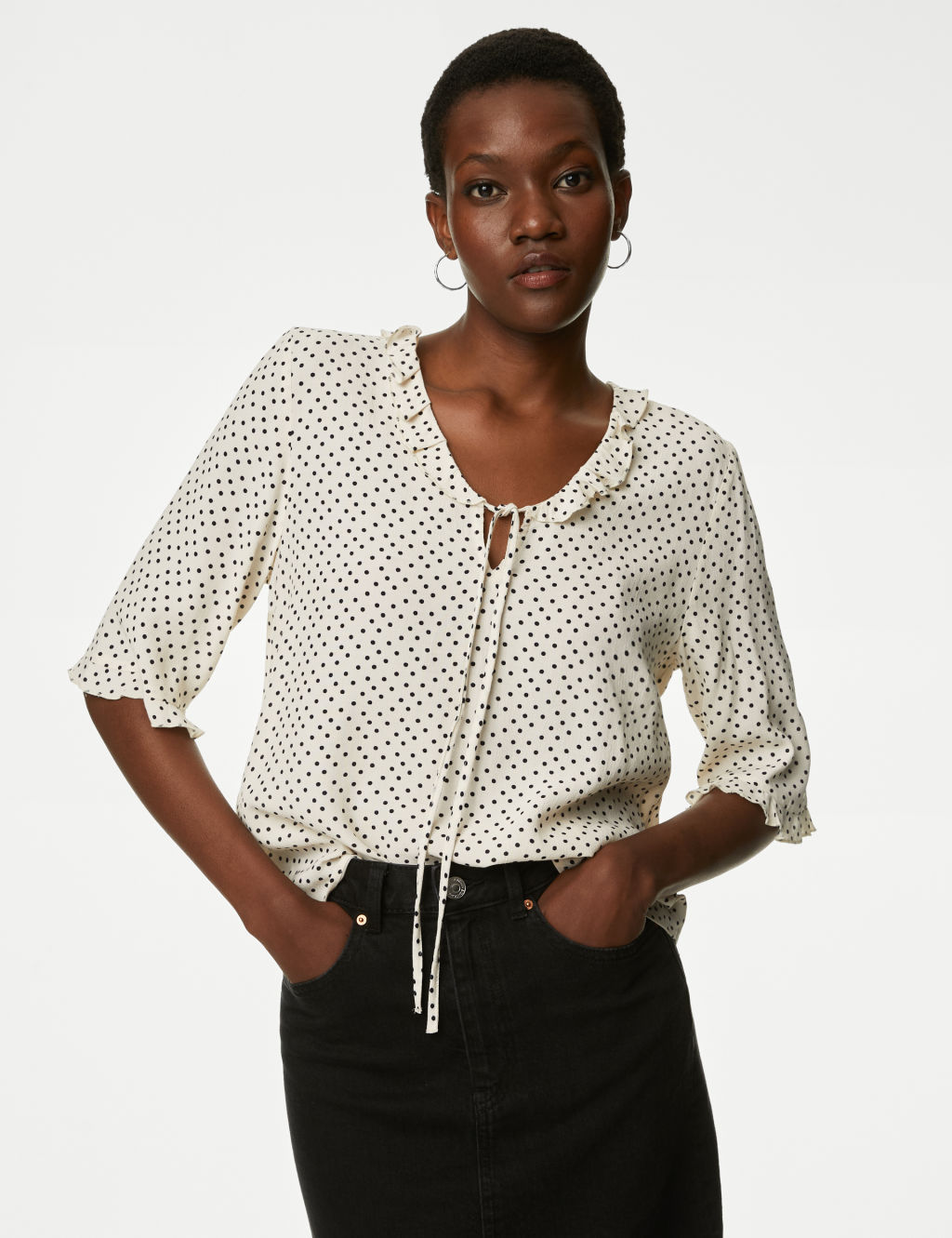 Polka Dot V-Neck Frill Detail Blouse 3 of 5