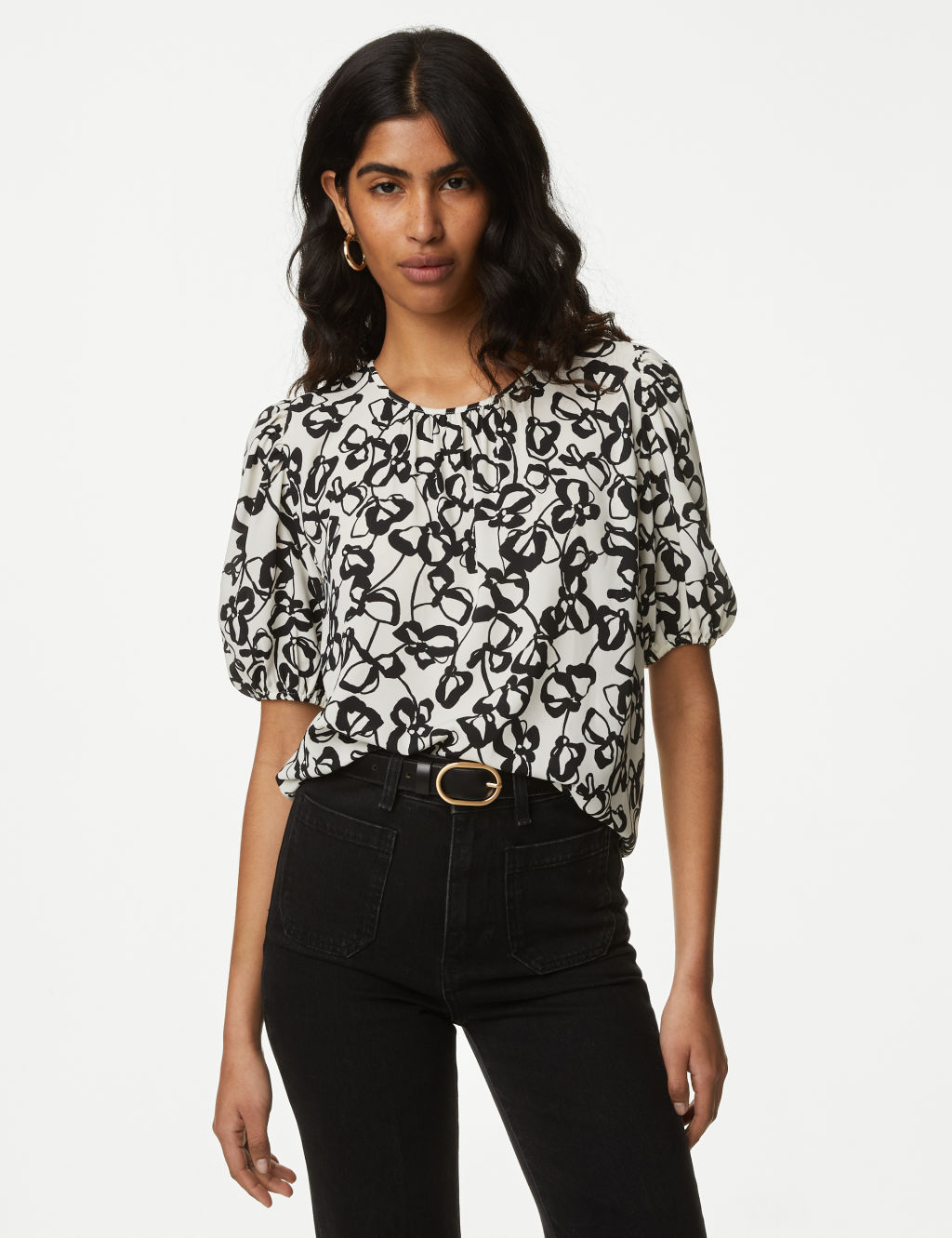 Printed Round Neck Puff Sleeve Blouse 4 of 5