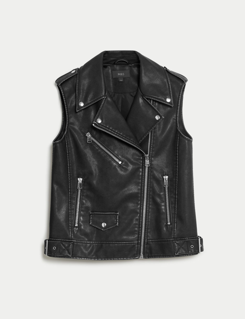 Faux Leather Aged Relaxed Biker Gilet 1 of 8