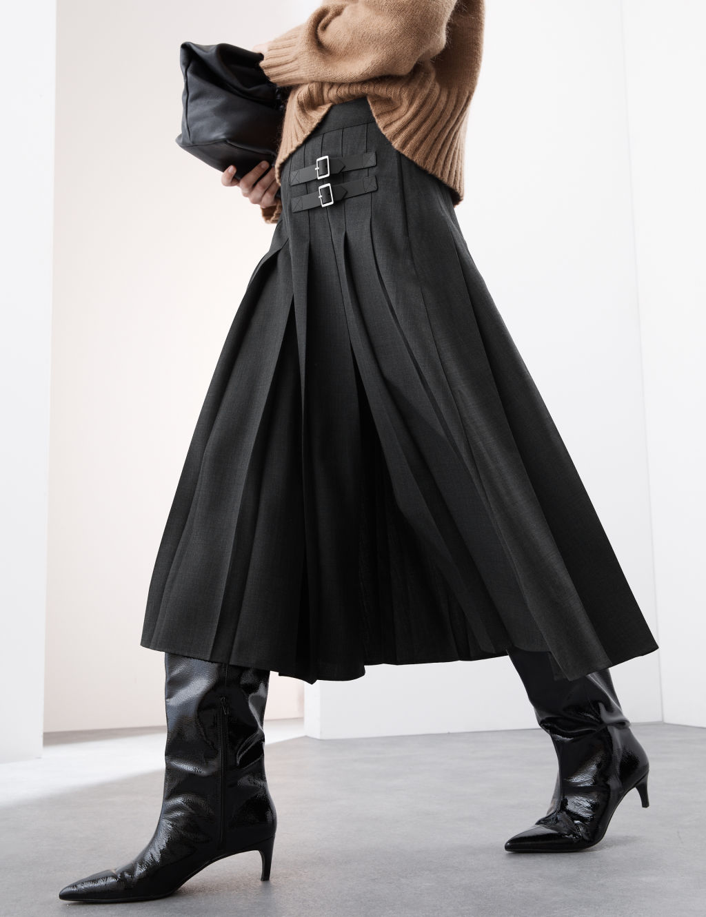Wool Blend Pleated Midi Skirt