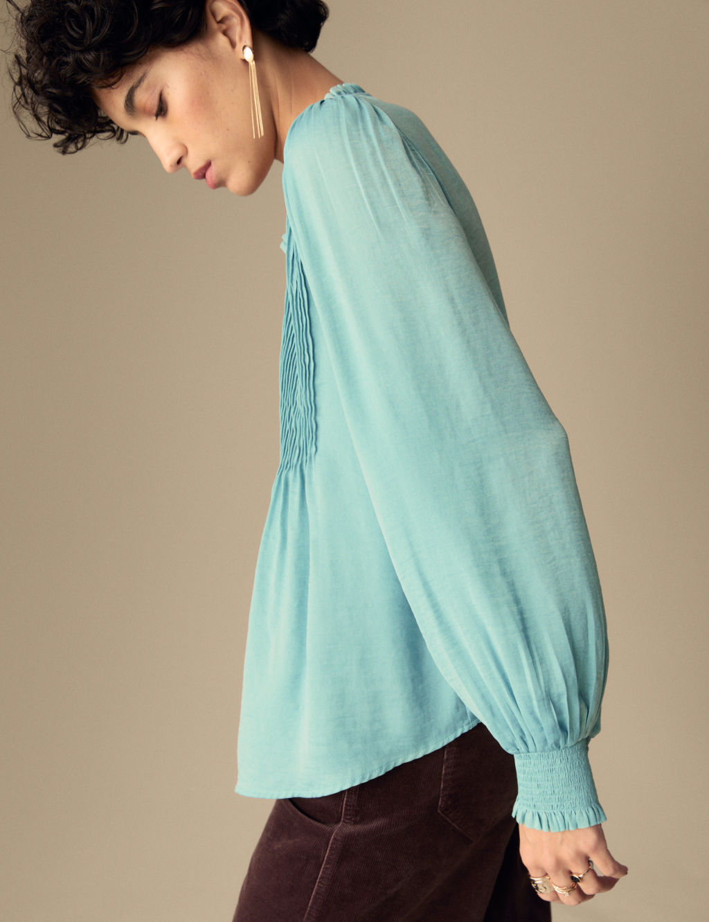 Satin Tie Neck Blouson Sleeve Blouse