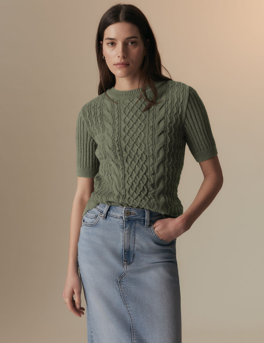 Pure Cotton Cable Knit Short Sleeve Top